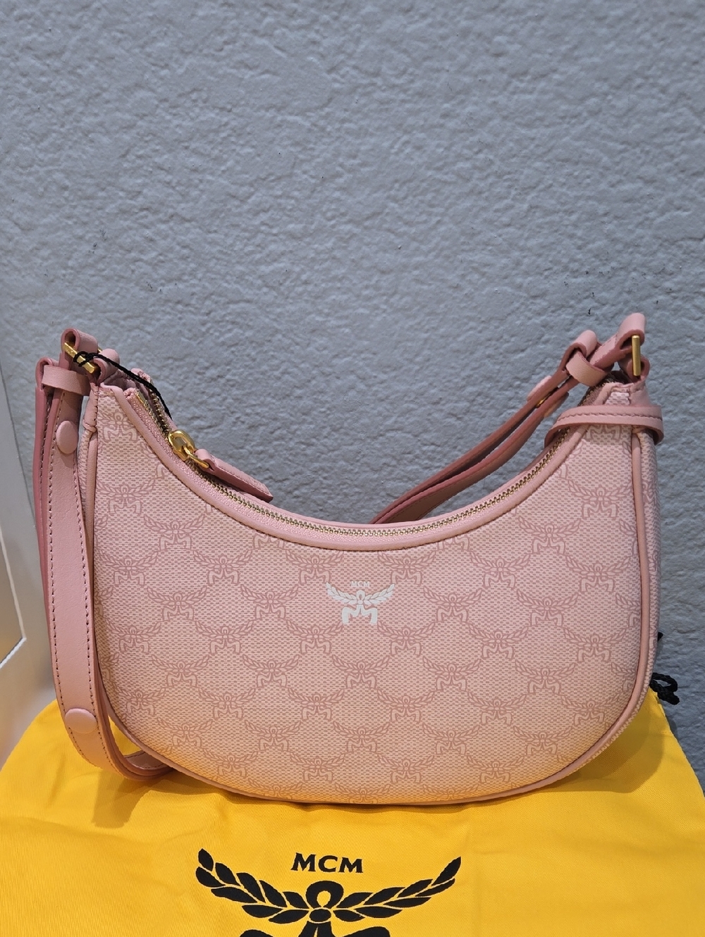 MCM Blush Pink Crescent Shoulder Bag with Gold Hardware